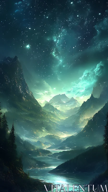 Starlit emerald valley extends beneath towering alpine peaks