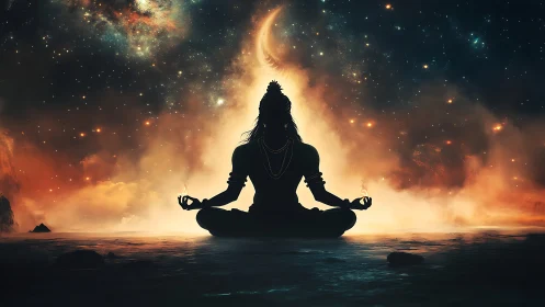 Cosmic meditative silhouette amid nebular plasma gradients.