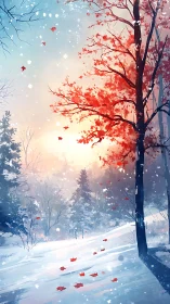 Red leaved tree stands in snowy winter landscape at sunrise