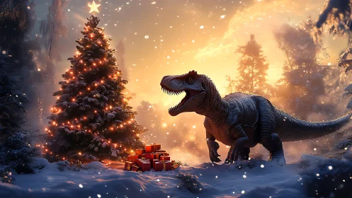 Snowy Christmas Eve glows as a curious dinosaur finds joy