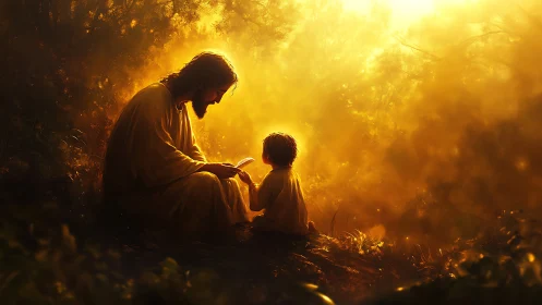 Religious figure with child reading in golden forest light.