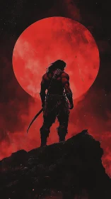 Warrior silhouette before large red moon on cliff edge.