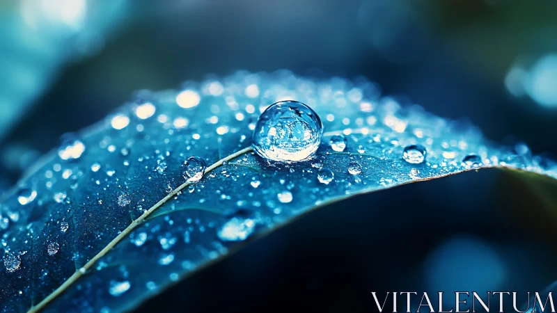 Macro water droplet resting on blue leaf surface at dawn.