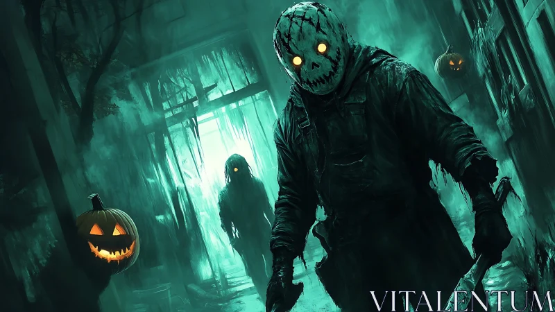 Masked slasher stalks foggy alley under glowing pumpkins