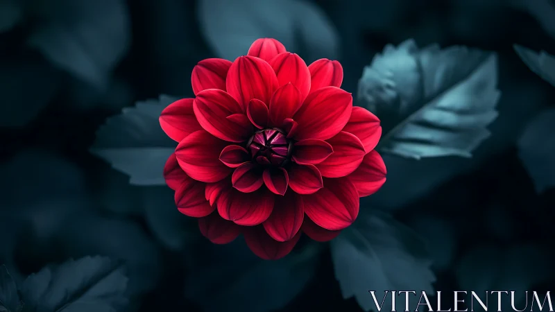 Deep Red Dahlia in Moody Garden Setting.