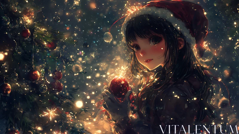 Anime Christmas portrait with luminous bokeh snowfall rendering.