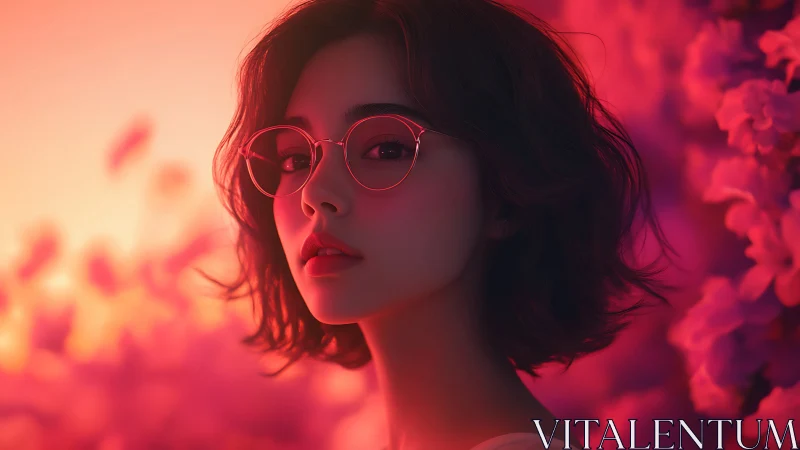 Soft sunset portrait bathes girl with glasses in neon glow.