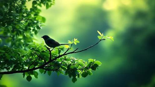 Small bird perched on leafy branch in serene green forest scene.