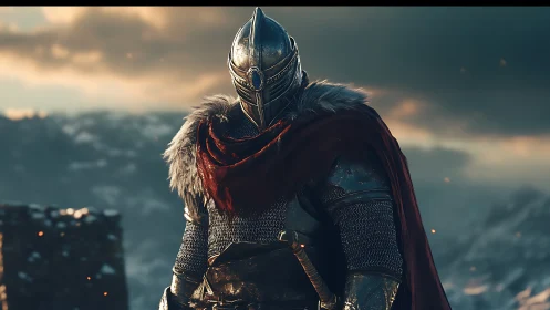 Armored knight stands resolute beneath a stormy sky.