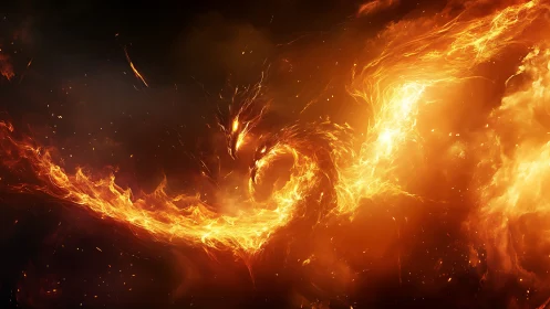 Fire dragon spirit rising through swirling inferno sky.