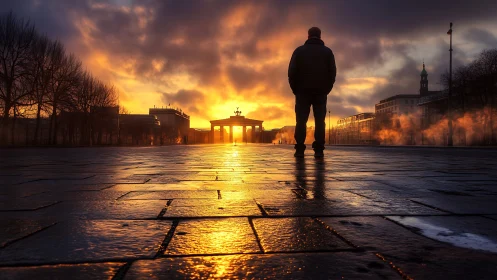 Sunrise solitude at Brandenburg Gate in glowing reflection.