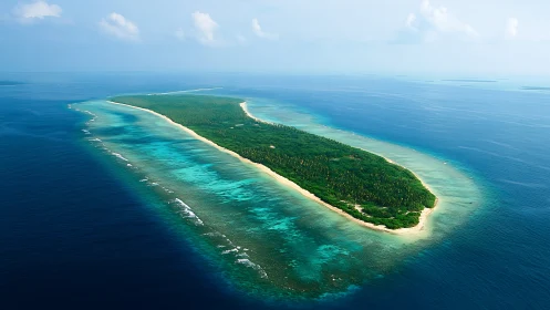 Tropical Island Atoll Surrounded by Turquoise Coral Reef Waters.
