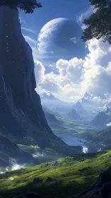 Majestic alien valley opens beneath a luminous blue planet