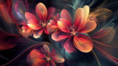 Fractal-rendered floral forms emerge from luminous vector curves