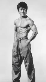 Male subject stands shirtless in relaxed three-quarter pose