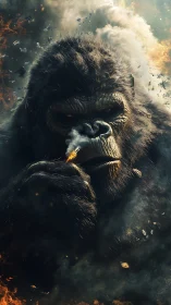 Colossal gorilla amid fiery smoke, cinematic close view.