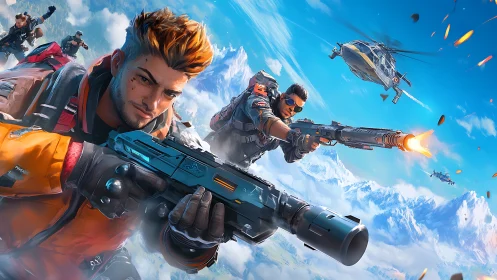 Dynamic squad firefight with stylized weapons over alpine terrain