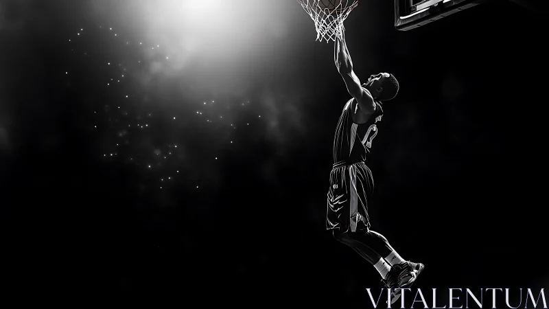 Midair basketball dunk frozen in glowing spotlight drama.