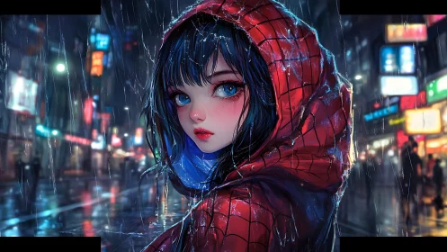 Girl in red hood stands in wet neon city street at night