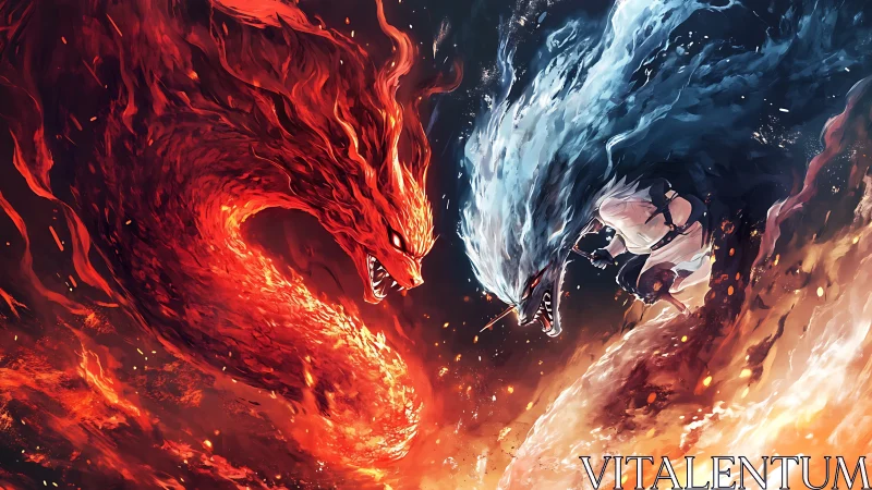 Elemental dragon forms converge around central combatant