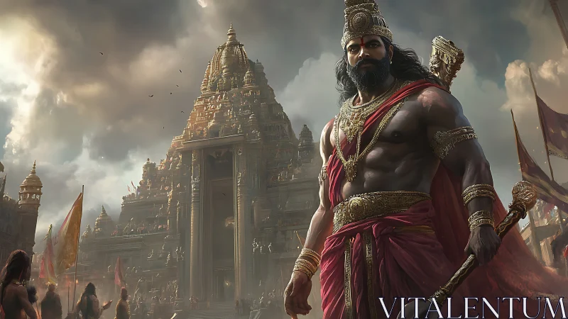 Temple titan in crimson armor guards a stormlit kingdom.