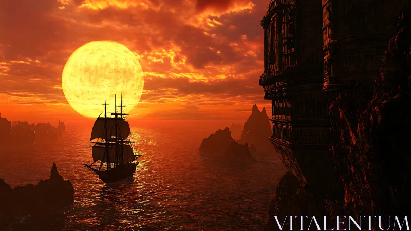 Golden sunset welcomes a lone ship past towering cliffs