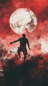 Silhouetted figure leaping toward large moon in red sky.