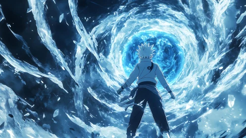 Anime warrior confronts swirling blue elemental vortex portal.