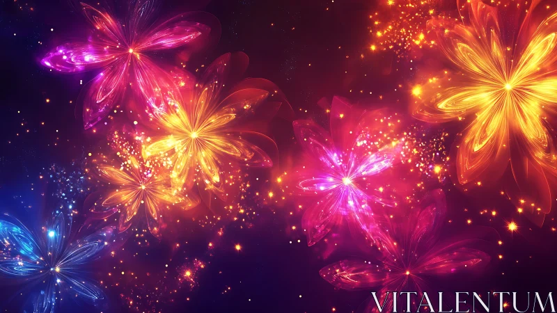 Glowing cosmic blossoms drifting through a sparkling night sky.