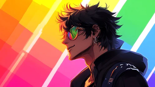 Cool profile portrait with neon rainbow light spectrum glow.