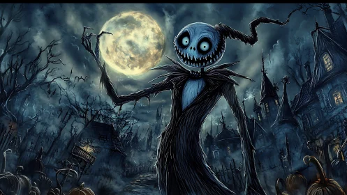 Spooky moonlit skeleton host welcomes a playful fright.