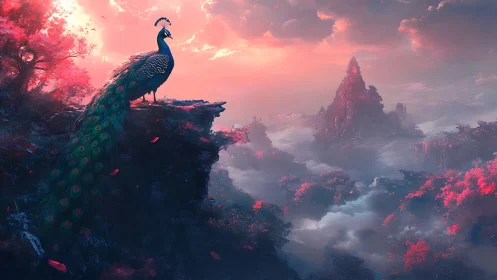 Majestic peacock above misty fantasy valley at sunrise.