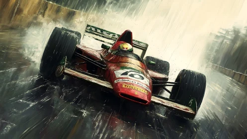 Red Formula race car powers through wet city circuit.