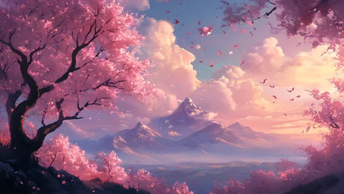 Expansive cherry blossom valley frames atmospheric mountain vista