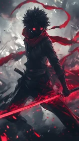Hooded swordsman with glowing blade stands in red-lit smoke