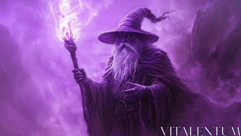 Purple cloaked wizard holds glowing staff in misty void