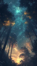 Starlit forest canopy glows under a dreamy cosmic sky.