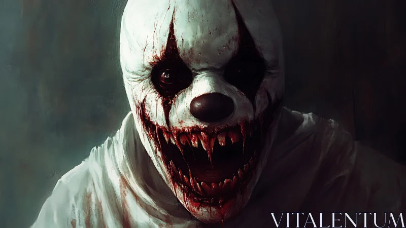 Grotesque bloodstained clown portrait rendered in dark chiaroscuro