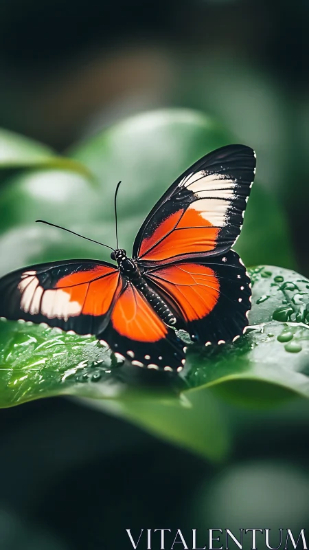 Scarlet butterfly on dewy foliage in soft macro focus.