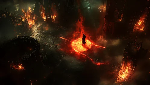 Dark cloaked figure standing in burning infernal ruins.