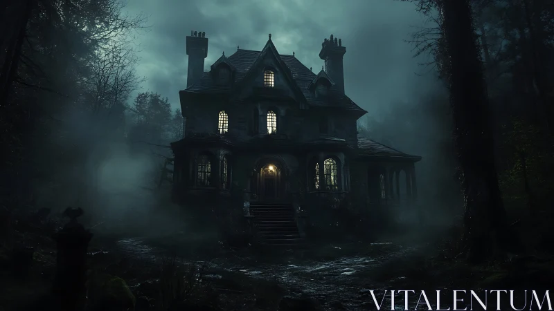 Old gothic mansion in misty nighttime forest setting.