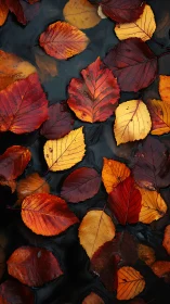 Crimson leaves drift slowly across inky autumn water