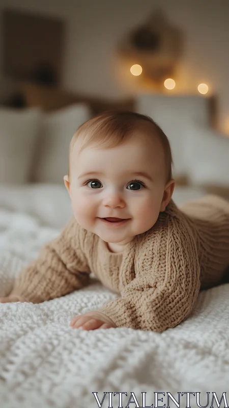 Smiling Infant in Beige Knit Lying on Textured White Blanket.