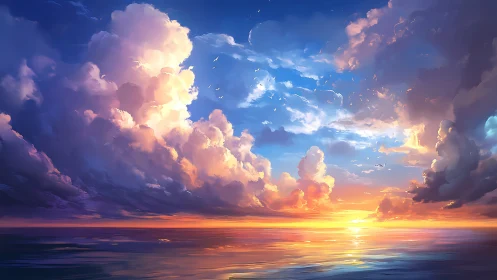 Radiant cumulonimbus sunset over reflective ocean horizon.