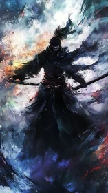 Shadowed katana warrior amid swirling elemental storm.
