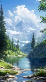 Gentle river path beneath sunlit snowcapped mountains.