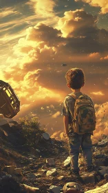 Boy observing distant spacecraft over glowing clouds.