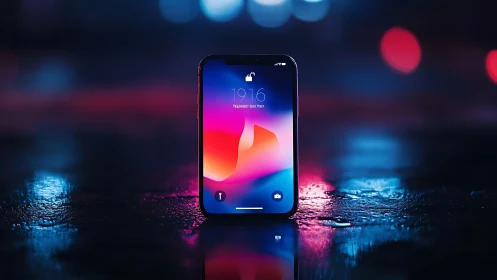 iPhone Displaying Vibrant Gradient Wallpaper Under Neon Bokeh.