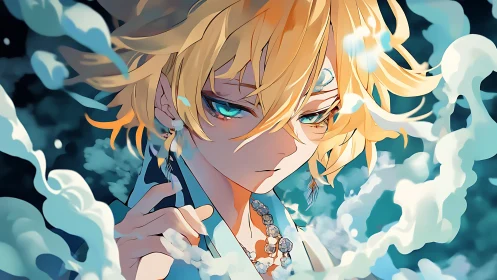 Mystic blonde mage with swirling blue spirit clouds.