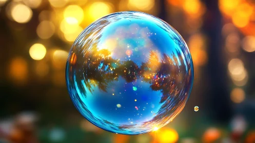 Single soap bubble with colorful forest reflections.
